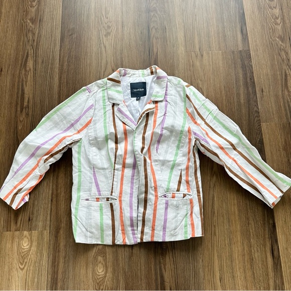 Modcloth Linen Blend Open Front Blazer Jacket Womens Medium Striped Colorful - Picture 1 of 9
